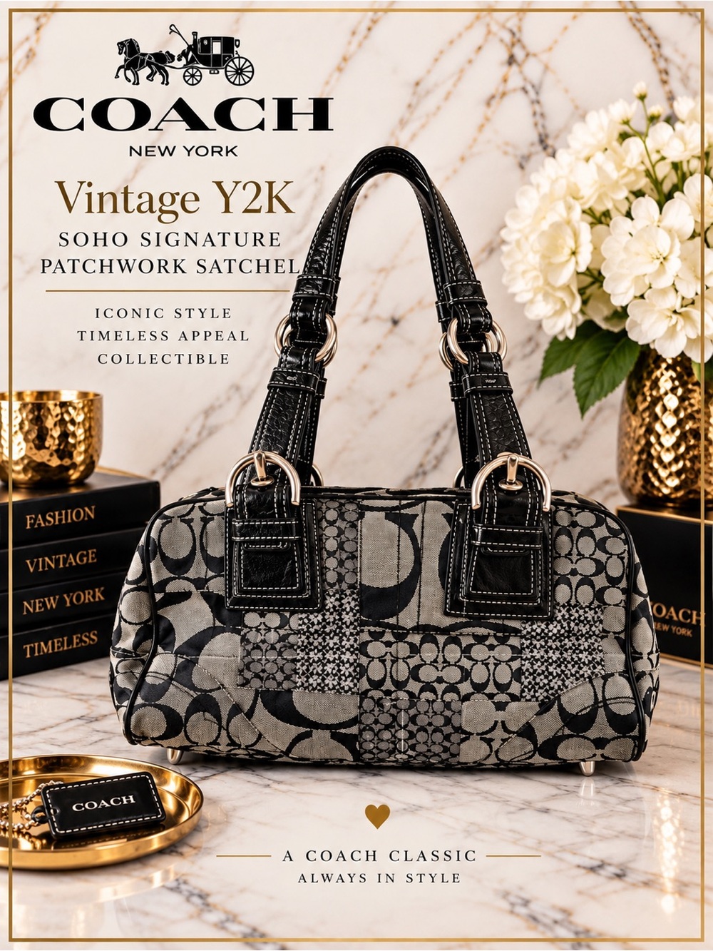 Vintage Coach Soho Signature Patchwork Satchel in Black and Gray